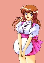Rule 34 | 1990s (style), 1girl, 5 jikanme no venus, blue eyes, brown hair, fairy dust, game cg, lowres, pc98, pixel art, retro artstyle, simple background, solo, tagme, tray, waitress uniform