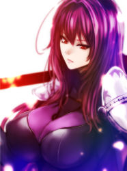Rule 34 | 1girl, armor, bad id, bad pixiv id, blush, bodysuit, breasts, closed mouth, fate/grand order, fate (series), gradient background, holding, holding staff, huge breasts, large breasts, long hair, looking at viewer, purple bodysuit, purple eyes, red eyes, scathach (fate), shoulder pads, skin tight, solo, staff, upper body, zucchini