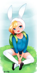 Rule 34 | 1girl, absurdres, adventure time, animal ears, animal hood, backpack, bag, blonde hair, born-to-die, cartoon network, eyebrows, fake animal ears, fionna campbell, grass, heart, heart-shaped pupils, highres, hood, looking at viewer, open mouth, rabbit hood, shadow, shoes, sitting, skirt, solo, symbol-shaped pupils, white legwear
