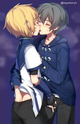 Rule 34 | 1boy, 1girl, androgynous, ass, bike shorts, black hair, blonde hair, blush, brother and sister, closed eyes, fingering, fingering through clothes, fingerless gloves, gloves, hand in pants, hetero, highres, hood, incest, iris (ryou@ryou), jacket, kern (ryou@ryou), kiss, original, reverse trap, ryou@ryou, siblings, through clothes, tongue, twitter username