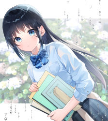 Rule 34 | 1girl, black hair, blue bow, blue eyes, blue shirt, blue skirt, blurry, blurry background, blush, bow, brown cardigan, cardigan, cardigan around waist, closed mouth, clothes around waist, collared shirt, commentary request, depth of field, diagonal stripes, dutch angle, flower, gyozanuko, highres, holding, hydrangea, long sleeves, looking at viewer, original, plaid, plaid skirt, school uniform, shirt, sidelocks, skirt, solo, striped, striped bow, water drop