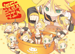 Rule 34 | 1boy, 6+girls, all fours, animal ears, animal hands, ass, bad id, bad pixiv id, belt, blade (galaxist), blonde hair, bowl, brother and sister, cat ears, cat tail, climbing, clone, closed eyes, detached sleeves, elbow gloves, fangs, gloves, green eyes, hair ornament, hairclip, in bowl, in container, kagamine len, kagamine rin, kemonomimi mode, midriff, mini person, minigirl, multiple girls, navel, neckerchief, open mouth, paw gloves, paw print, shirt, short hair, shorts, siblings, sitting, sleeping, sleeveless, sleeveless shirt, smile, stretching, symbol-shaped pupils, tail, twins, vocaloid