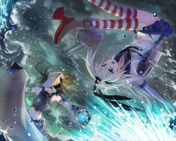 Rule 34 | 10s, 2girls, abyssal ship, bad id, bad pixiv id, black hair, black panties, blonde hair, blue eyes, blush, chi-class torpedo cruiser, elbow gloves, gloves, glowing, glowing eyes, hairband, inae keiji, inaeda kei, kantai collection, long hair, multiple girls, navel, one eye covered, open mouth, panties, personification, rensouhou-chan, shimakaze (kancolle), skirt, splashing, striped clothes, striped legwear, striped thighhighs, thighhighs, underwear, upside-down, water, white gloves