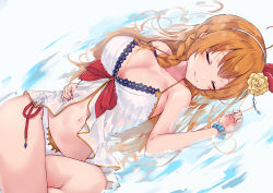 Rule 34 | 1girl, ahoge, bikini, blush, bracelet, braid, breasts, brown hair, cleavage, closed eyes, closed mouth, commentary request, hair ribbon, hairband, hand up, highres, jewelry, large breasts, long hair, lying, minikon, navel, on side, pecorine (princess connect!), pecorine (summer) (princess connect!), princess connect!, red ribbon, ribbon, side-tie bikini bottom, smile, solo, split mouth, star (symbol), swimsuit, very long hair, water, wet, wet clothes, white bikini, white hairband