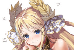 Rule 34 | 1girl, areola slip, azur lane, bare shoulders, blonde hair, blue eyes, blush, collarbone, colored eyelashes, cropped, dress, hair ornament, halter dress, halterneck, hand on own face, heart, jewelry, leaf, long hair, looking at viewer, morimoto kiyona, necklace, sitting, smile, solo, thighhighs, victorious (azur lane), white background