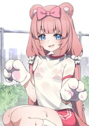 Rule 34 | 1girl, animal ears, animal hands, bikini, bikini under clothes, blue eyes, bow, chromu, commission, flat chest, gym uniform, hair bow, hair ornament, hair scrunchie, highres, indie virtual youtuber, long hair, low twintails, open mouth, pink bow, pink hair, pink shorts, scrunchie, see-through, see-through shirt, shirt, shorts, solo, striped bikini, striped clothes, sweat, swimsuit, twintails, valefal coneri, vgen commission, virtual youtuber, white scrunchie, white shirt