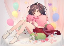 Rule 34 | 1girl, ahoge, balloon, blush, bobby socks, brown hair, commentary request, curtains, cushion, dress, flower, frilled dress, frills, hair ornament, hairclip, headgear, heart, heart-shaped pillow, highres, holding, looking at viewer, nail polish, petals, pillow, pink flower, pink nails, red dress, red eyes, shirinda fureiru, short twintails, sitting, smile, socks, solo, star (symbol), touhoku kiritan, twintails, voiceroid, white footwear, zundamon