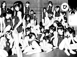Rule 34 | 6+girls, barefoot, comic, crowd, feet, flat chest, greyscale, highres, legs, monochrome, multiple girls, one-piece swimsuit, scan, school ningyo, school swimsuit, swimsuit, toes, wet, yoshitomi akihito