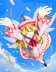 Rule 34 | 1girl, :d, ^ ^, arms up, blonde hair, blush, closed eyes, dress, female focus, foreshortening, hat, lily white, long hair, open mouth, outstretched arms, petals, smile, solo, spring (season), tears, touhou, wings