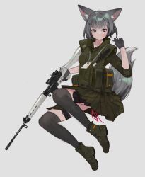 Rule 34 | absurdres, animal ear fluff, animal ears, assault rifle, blue eyes, boots, breasts, camouflage, camouflage jacket, camouflage skirt, closed mouth, dagger, fox ears, fox tail, full body, gloves, green footwear, green jacket, green skirt, grey background, grey gloves, grey hair, grey thighhighs, gun, hair ornament, hairclip, hand up, highres, holding, holding gun, holding weapon, holster, jacket, knife, looking at viewer, miniskirt, original, polilla, rifle, short hair, simple background, skirt, small breasts, tail, thigh holster, thigh strap, thighhighs, v-shaped eyebrows, weapon