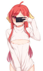 Rule 34 | 1girl, ahoge, areola slip, blush, breasts, cellphone, cleavage cutout, clothes tug, clothing cutout, cowboy shot, hair ribbon, long hair, meme attire, nipple slip, nipples, open-chest sweater, original, parted lips, phone, red eyes, red hair, ribbed sweater, ribbon, selfie, simple background, small breasts, smartphone, solo, sweater, sweater tug, turtleneck, very long hair, white background, yaguo
