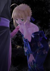 Rule 34 | 1boy, 1girl, absurdres, antenna hair, artoria pendragon (all), artoria pendragon (fate), blonde hair, breasts, censored, fate/stay night, fate (series), fellatio, green eyes, highres, japanese clothes, kimono, mosaic censoring, open mouth, oral, saber (fate), shirotsumekusa, source request