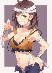 Rule 34 | 1girl, absurdres, bandaged arm, bandaged head, bandages, bare shoulders, blue shorts, blush, breasts, brown background, brown eyes, brown hair, claw pose, cleavage, collarbone, commentary request, grin, halloween, hand up, highres, kuzukiri (riezenagel), looking at viewer, medium breasts, navel, open clothes, open fly, open shorts, original, short shorts, shorts, smile, solo, two-tone background