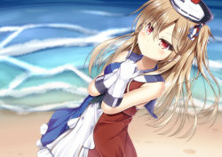 Rule 34 | 1girl, bare shoulders, beach, blonde hair, blue oath, blue sailor collar, breasts, day, dress, foch (blue oath), frilled dress, frills, gloves, hair between eyes, hair ribbon, hands on own chest, hat, long hair, looking at viewer, medium breasts, mizunashi rei, multicolored clothes, multicolored dress, ocean, one side up, outdoors, parted lips, red eyes, ribbon, sailor collar, sleeveless, sleeveless dress, solo, very long hair, white gloves