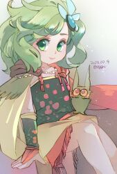 Rule 34 | 1girl, bridal gauntlets, cape, closed mouth, dated, detached sleeves, eggru, final fantasy, final fantasy iv, green eyes, green hair, hair ornament, jewelry, long hair, looking at viewer, rydia (ff4), simple background, smile, solo