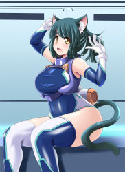 Rule 34 | 1girl, :d, animal ear fluff, animal ears, bare shoulders, blush, bodysuit, cat ears, cat tail, covered navel, detached sleeves, gloves, green hair, leotard, medium hair, milk (tonpuu), open mouth, original, ponytail, shiny clothes, sidelocks, sitting, skin tight, smile, solo, tail, tareme, thighhighs, thighs, tonpuu, white gloves, yellow eyes