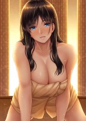 Rule 34 | 1girl, all fours, black hair, blue eyes, blush, breasts, cleavage, collarbone, commentary request, hair over shoulder, large breasts, lioreo, long hair, looking at viewer, mizuhara yumeno (lioreo), naked towel, nose blush, open mouth, original, solo, towel