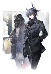 Rule 34 | 1boy, 1other, absurdres, ambiguous gender, arknights, bag, belt, black coat, black gloves, black pants, buttons, chinese commentary, coat, commentary request, cropped legs, demon horns, doctor (arknights), gloves, grey hair, hair between eyes, hand in pocket, highres, holding, holding bag, hood, hooded coat, horns, logos (arknights), long hair, looking at viewer, mask, mole, mole under eye, pants, parted lips, pointy ears, red eyes, sansheng yeying, shirt, shopping bag, white shirt
