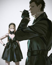 Rule 34 | 1boy, 1girl, ashaf, bare shoulders, belt, between fingers, black coat, black dress, black hair, blonde hair, breasts, cigarette, coat, commentary, detached collar, dress, earclip, earrings, english commentary, frown, guideau, hair behind ear, hair slicked back, hairband, hand on own hip, hand up, holding, holding cigarette, huangdanlan, jewelry, long hair, long sleeves, looking at viewer, majo to yajuu, mixed-language commentary, parted lips, profile, short hair, sideways glance, simple background, sleeveless, sleeveless dress, straight hair, upper body, white background, yellow eyes