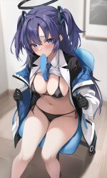 Rule 34 | 1girl, bikini, black bikini, black gloves, blue archive, blue eyes, blue hair, blue necktie, blush, breasts, chair, collared shirt, gloves, halo, highres, indoors, jacket, large breasts, long hair, long sleeves, looking at viewer, marisasu (marisa0904), mouth hold, navel, necktie, open clothes, open jacket, shirt, sitting, solo, swimsuit, thighs, two side up, white shirt, yuuka (blue archive)