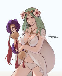 Rule 34 | 1girl, artist name, breasts, cleavage, closed mouth, cm lynarc, fire emblem, fire emblem: three houses, fire emblem heroes, flower, green eyes, green hair, hair flower, hair ornament, holding, long hair, nintendo, rhea (fire emblem), simple background, solo, swimsuit