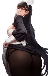 Rule 34 | 1girl, absurdres, apron, ass, black hair, black shirt, black skirt, blue archive, blush, breasts, brown pantyhose, earrings, glasses, hair ornament, hairclip, highres, hua-j, jewelry, large breasts, long hair, long sleeves, looking at viewer, looking back, pantyhose, red eyes, rio (blue archive), round eyewear, shirt, skirt, solo, white apron