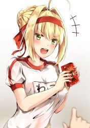 Rule 34 | 1girl, ahoge, bad id, bad pixiv id, blurry, blush, depth of field, fate/grand order, fate (series), food, gradient background, gym shirt, hair intakes, hands up, highres, holding, konka, looking at viewer, name tag, nero claudius (fate), nero claudius (fate) (all), nero claudius (fate/extra), nero claudius (olympian bloomers) (fate), official alternate costume, open mouth, out of frame, pocky, pocky day, pov, shirt, sidelocks, smile, solo focus