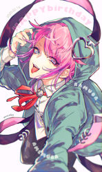 Rule 34 | 0721786, 1boy, amemura ramuda, black pants, blue eyes, candy, coat, collared shirt, commentary, dated, english commentary, food, green coat, happy birthday, highres, holding, holding candy, holding food, holding lollipop, hood, hypnosis mic, lollipop, male focus, medium hair, multicolored eyes, pants, parted lips, pink eyes, pink hair, purple eyes, red neckwear, shirt, smile, smug, solo, tongue, tongue out, white shirt