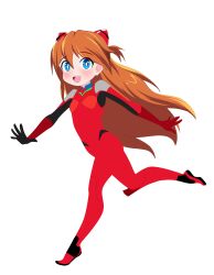 Rule 34 | 1girl, :o, artist request, blue eyes, bodysuit, breasts, brown hair, floating hair, full body, headband, jumping, long hair, looking at viewer, neon genesis evangelion, open mouth, plugsuit, red bodysuit, small breasts, solo, souryuu asuka langley, transparent background, very long hair, walking