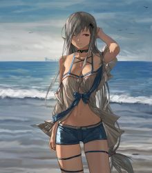 Rule 34 | 1girl, ;), absurdres, arknights, bikini, bird, black collar, blue shorts, breasts, cleavage, cloud, cloudy sky, collar, cowboy shot, dated, denim, denim shorts, grey hair, hand up, highres, large breasts, long hair, looking at viewer, low-tied long hair, low ponytail, navel, ocean, official alternate costume, one eye closed, orca hair ornament, outdoors, red eyes, seagull, short shorts, shorts, skadi (arknights), skadi (waverider) (arknights), sky, smile, solo, stomach, sunset, swimsuit, thigh strap, very long hair, waves, white bikini, yuanxi