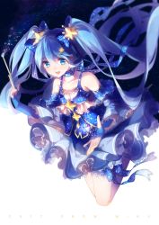 Rule 34 | 1girl, 2017, :d, bare shoulders, blue eyes, blue hair, character name, choker, collarbone, detached sleeves, fingerless gloves, floating hair, gloves, hatsune miku, highres, lingshi reishi, long hair, matching hair/eyes, open mouth, ribbon choker, skirt, smile, solo, space, star (sky), star (symbol), starry sky print, teeth, twintails, very long hair, vocaloid, wand, yuki miku