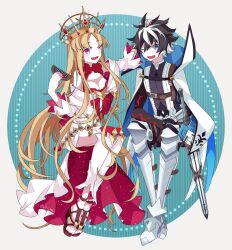 Rule 34 | 1boy, 1girl, :d, ;d, absurdres, armor, bare shoulders, black hair, blonde hair, blue cloak, blue eyes, blush, breasts, charlemagne (fate), cleavage, cloak, collar, comb, crown, dress, europa (fate), fate/grand order, fate (series), full body, gloves, hair between eyes, headpat, high heel sandals, high heels, highres, holding, holding comb, joyeuse ordre (fate), kujiramaru, large breasts, long hair, long sleeves, multicolored hair, off-shoulder dress, off shoulder, one eye closed, open mouth, purple eyes, red collar, red nails, rerebrace, sandals, shirt, short hair, sitting, smile, streaked hair, thighs, two-sided cloak, two-sided fabric, two-tone hair, very long hair, white cloak, white dress, white hair