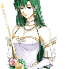 Rule 34 | 1girl, bare shoulders, bouquet, bride, delsaber, dress, earrings, elbow gloves, fire emblem, fire emblem: the blazing blade, fire emblem heroes, flower, formal, gloves, gold trim, green eyes, green hair, high ponytail, highres, jewelry, long hair, lyn (bridal) (fire emblem), lyn (fire emblem), nintendo, official alternate costume, ponytail, simple background, solo, strapless, strapless dress, very long hair, wedding dress, white dress, white flower
