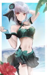 Rule 34 | 1girl, absurdres, au ra, bikini, black skirt, blurry, blurry foreground, breasts, cleavage, commentary request, cowboy shot, day, final fantasy, final fantasy xiv, flower, green bikini, green flower, grey hair, hair flower, hair ornament, highres, horizon, horns, lena (lenafenrir1), looking at viewer, medium breasts, navel, ocean, outdoors, parted lips, pleated skirt, red eyes, scales, short hair with long locks, skirt, solo, swimsuit, warrior of light (ff14), water, wrist cuffs
