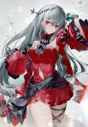 Rule 34 | 1girl, aqua gloves, arknights, arm up, ascot, black ascot, closed mouth, clothing cutout, commentary, cowboy shot, detached sleeves, dress, english commentary, frilled sleeves, frills, gloves, grey hair, highres, leg ribbon, long hair, looking at viewer, navel cutout, no headwear, red dress, red eyes, red sleeves, ribbon, s2rid, skadi (arknights), skadi the corrupting heart (arknights), sleeveless, sleeveless dress, solo, very long hair