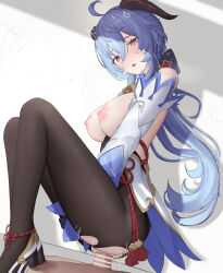 Rule 34 | 1boy, 1girl, absurdres, ahoge, ass, bare shoulders, bell, blue hair, blush, bodystocking, breasts, breasts out, commentary, detached sleeves, from side, ganyu (genshin impact), genshin impact, girl on top, hair between eyes, hetero, high heels, highres, horns, large breasts, long bangs, long hair, motion lines, n9at, neck bell, nipples, open mouth, penis, purple eyes, sex, tassel