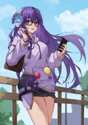 Rule 34 | 1girl, :d, absurdres, alternate costume, bespectacled, black-framed eyewear, blue sky, breasts, casual, cloud, commentary, contemporary, cowboy shot, day, drawstring, earmuffs, genshin impact, glasses, highres, holding, holding phone, hood, hoodie, large breasts, long hair, long sleeves, looking at viewer, open mouth, outdoors, paradox (parapa), phone, purple eyes, purple hair, purple hoodie, raiden shogun, raiden shogun (2nd anniversary), railing, sky, smile, solo, standing, thighs, very long hair