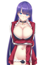 Rule 34 | 1girl, absurdres, bikini, black bikini, blue eyes, blunt bangs, breasts, choker, cleavage, collarbone, cross, cross choker, earrings, fate/grand order, fate (series), highres, jacket, jewelry, large breasts, long hair, long sleeves, looking at viewer, martha (fate), martha (swimsuit ruler) (fate), martha (swimsuit ruler) (second ascension) (fate), navel, okuma707, open clothes, open jacket, purple hair, red jacket, solo, swimsuit, thighs