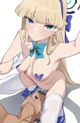 Rule 34 | 1boy, 1girl, absurdres, areola slip, arm up, blonde hair, blue archive, blue eyes, bow, bowtie, breasts, detached collar, halo, heart pasties, hetero, highres, long hair, medium breasts, nude, open mouth, pasties, peeing, ramanda, squatting, thighhighs, toki (blue archive), toki (bunny) (blue archive), v, very long hair, white thighhighs
