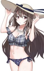 Rule 34 | 1girl, bad id, bad twitter id, bare shoulders, bikini, blue bikini, blush, breasts, brown hair, cleavage, closed mouth, commentary request, cowboy shot, floral print, flower, flower necklace, frilled bikini, frills, grey bikini, hair between eyes, hands on headwear, hands up, hat, hat ribbon, idolmaster, idolmaster shiny colors, jewelry, kanikou, large breasts, long hair, looking at viewer, navel, necklace, puckered lips, red eyes, ribbon, side-tie bikini bottom, simple background, solo, standing, stomach, striped bikini, striped clothes, sun hat, swimsuit, thighs, tsukioka kogane, very long hair, white background, white flower