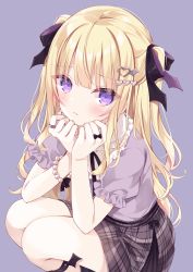 Rule 34 | 1girl, black bow, blonde hair, blouse, blush, bow, closed mouth, commentary request, feet out of frame, grey skirt, hair bow, hair ornament, hands up, heart, heart hair ornament, highres, hoshi (snacherubi), knees up, long hair, looking at viewer, own hands together, plaid, plaid skirt, pleated skirt, puffy short sleeves, puffy sleeves, purple background, purple eyes, purple shirt, re:act, shirt, short sleeves, simple background, skirt, solo, squatting, tsukushi aria, two side up, very long hair, virtual youtuber