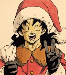 Rule 34 | 1boy, :d, ^ ^, bag, black gloves, black hair, close-up, closed eyes, dragon ball, gloves, happy, hat, highres, lee (dragon garou), long hair, male focus, open mouth, santa costume, santa hat, shaded face, simple background, smile, solo, spiked hair, upper body, v, yamcha