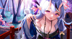 Rule 34 | 1girl, alternate breast size, bare shoulders, breasts, cleavage, commentary request, crossed bangs, dappled sunlight, eyelashes, fang, fingernails, fur-trimmed kimono, fur trim, gradient horns, hair between horns, heart o-ring, highres, hikimayu, horns, japanese clothes, kimono, lake, leaning forward, long fingernails, long hair, looking at viewer, medium breasts, mole, mole under mouth, multicolored hair, multicolored horns, nijisanji, off shoulder, open mouth, outdoors, pointy ears, purple eyes, purple hair, purple kimono, rindou mikoto, rindou mikoto (1st costume), sharp fingernails, skin-covered horns, skin fang, sleeves past wrists, solo, streaked hair, sunlight, thick eyebrows, tongue, tongue out, upper body, virtual youtuber, wo chi xiangjiao pi, wooden bridge