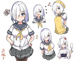 Rule 34 | ..., apron, bandana, black legwear, blue eyes, breasts, character name, commentary request, cowboy shot, dakku (nira597), eighth note, food, grey sailor collar, grey skirt, hair flaps, hair ornament, hair over one eye, hairclip, hamakaze (kancolle), hands on own hips, highres, japanese clothes, kantai collection, kimono, large breasts, looking at viewer, musical note, neckerchief, pantyhose, pleated skirt, popsicle, sailor collar, school uniform, serafuku, short hair, simple background, skirt, squiggle, upper body, white background, white hair, white kimono, yellow apron, yellow neckerchief, yukata