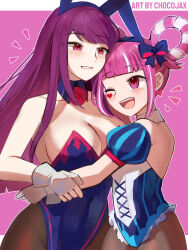 Rule 34 | 2girls, ;d, adapted costume, animal ears, blue leotard, blunt bangs, breasts, chocojax, cleavage, commentary request, detached collar, detached sleeves, facial mark, fake animal ears, female focus, fingerless gloves, fire emblem, fire emblem engage, gloves, grin, hair rings, heart, highleg, highleg leotard, highres, hortensia (fire emblem), ivy (fire emblem), large breasts, leotard, long hair, looking at another, matching hair/eyes, multiple girls, nintendo, one eye closed, open mouth, pantyhose, pink eyes, pink hair, playboy bunny, puffy short sleeves, puffy sleeves, purple eyes, purple hair, rabbit ears, short sleeves, siblings, sisters, smile, strapless, strapless leotard, very long hair, white gloves