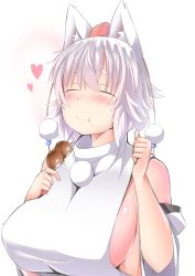 Rule 34 | 1girl, animal ears, bare shoulders, blush, breasts, detached sleeves, eating, fang, hat, highres, inubashiri momiji, large breasts, shishi juuroku, sideboob, smile, solo, tail, thick eyebrows, tokin hat, touhou, upper body, white hair, wolf ears, wolf tail