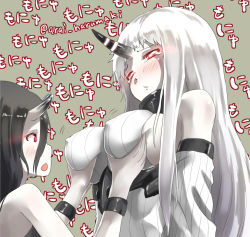 Rule 34 | 10s, 2girls, abyssal ship, arai harumaki, bare shoulders, battleship princess, black hair, blush, grabbing another&#039;s breast, breasts, detached sleeves, dress, covered erect nipples, glowing, glowing eyes, grabbing, groping, horns, kantai collection, large breasts, multiple girls, open mouth, pale skin, red eyes, ribbed dress, seaport princess, single horn, tears, twitter username, upper body, white hair, yuri