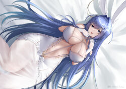 Rule 34 | 1girl, :3, :p, absurdly long hair, absurdres, animal ears, azur lane, bare shoulders, blue eyes, blue hair, breasts, center opening, cleavage, collarbone, commentary, dress, elbow gloves, fake animal ears, gloves, hair between eyes, hair intakes, hair ornament, hair spread out, hands up, highres, irkawaza, large breasts, long hair, looking at viewer, lying, new jersey (azur lane), new jersey (snow-white ceremony) (azur lane), official alternate costume, on back, rabbit ears, see-through, see-through dress, shadow, sidelocks, smile, solo, star (symbol), star hair ornament, stomach, tongue, tongue out, twitter username, very long hair, wedding dress, white dress, white gloves