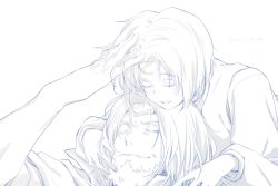 Rule 34 | 1boy, 1girl, beard, closed mouth, commentary, couple, dated, closed eyes, facial hair, fog (tales), hand on another&#039;s head, hetero, husband and wife, kybanchou, long sleeves, lysithea (tales), monochrome, headpat, short hair, sketch, tales of (series), tales of eternia