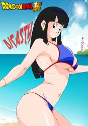 Rule 34 | 1girl, ass, bikini, black eyes, black hair, breasts, chi-chi (dragon ball), closed mouth, dicasty, dragon ball, female focus, highres, large breasts, long hair, smile, source request, swimsuit, text focus